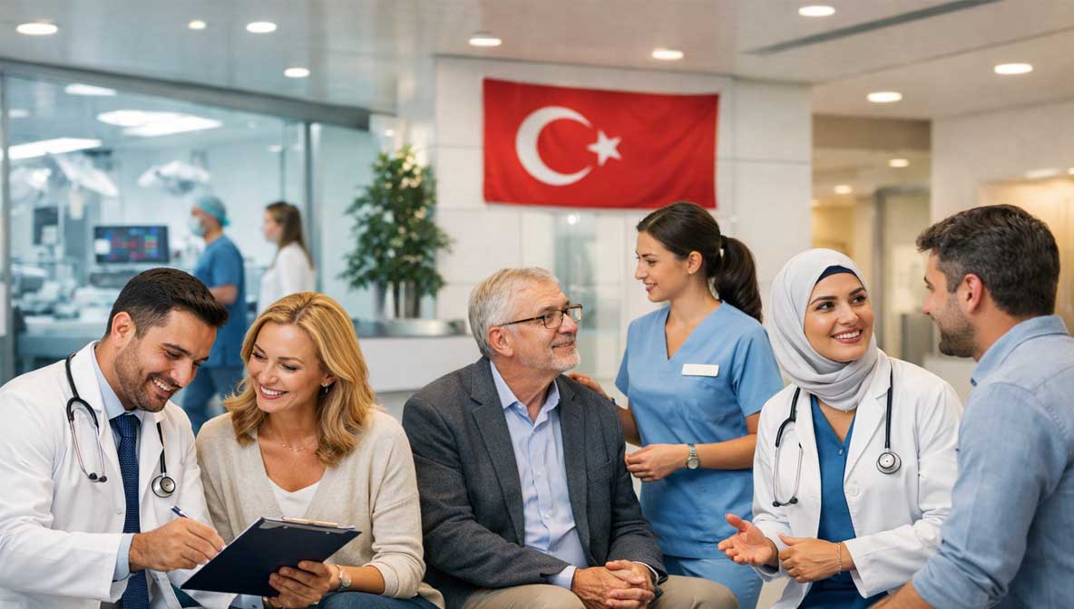 Healthcare system in Turkey showing international patients receiving medical care in a modern private hospital