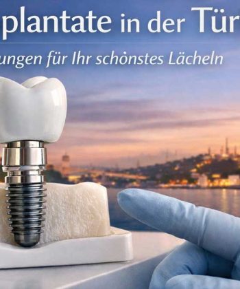 Zahnimplantat mit Keramikkrone und Titanimplantat im Kiefermodell vor der Skyline von Istanbul als Symbol für moderne Zahnimplantate in der Türkei.