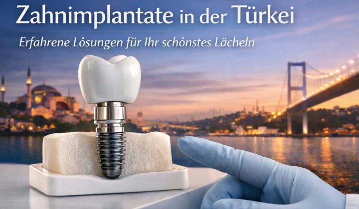 Zahnimplantat mit Keramikkrone und Titanimplantat im Kiefermodell vor der Skyline von Istanbul als Symbol für moderne Zahnimplantate in der Türkei.