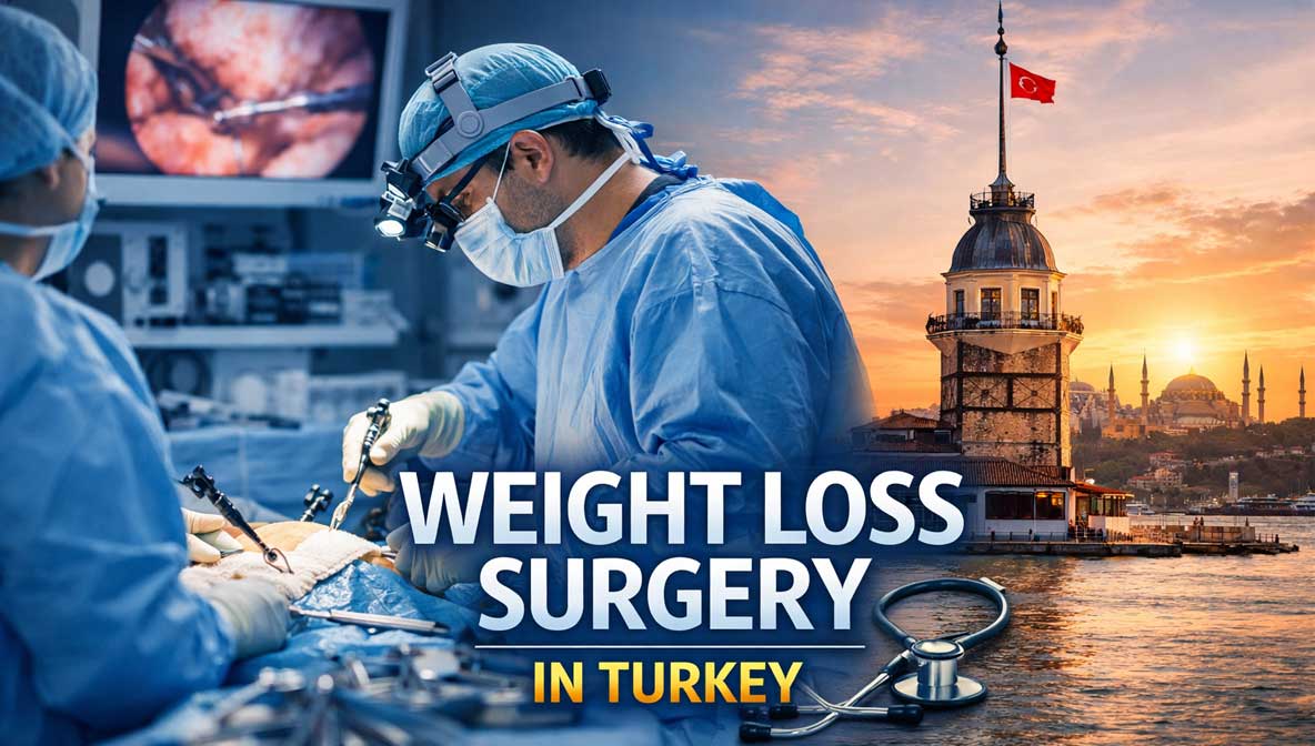 Bariatric surgeon performing laparoscopic weight loss surgery with Istanbul skyline, representing bariatric surgery turkey and Gastric Sleeve Turkey for international patients.