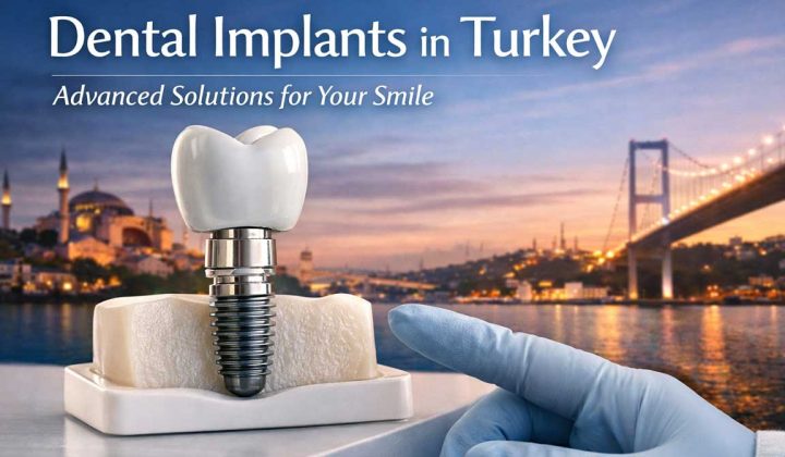 Dental implant model with a ceramic crown and titanium implant placed in bone, symbolizing advanced dental implant treatment in Turkey with Istanbul skyline in the background.